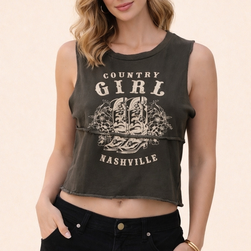 SOCIAL CULTURE Gray Raw Hem Country Girl Sleeveless Graphic Festival Baby Tee